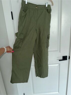 Women’s Linen Blend Olive Green Cargo Pants M